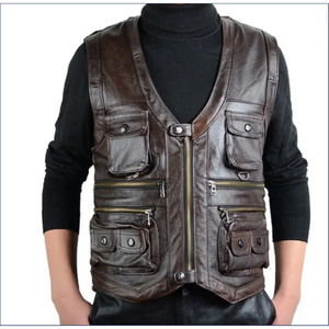 Cowhide Leather Motorcycle Photography Vest Waistcoat Jacket Men Size XL Brown